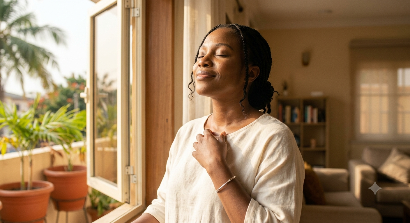 Confident Nigerian woman feeling fresh and relieved